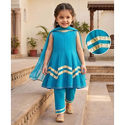 Babyhug Woven Sleeveless Solid Colour Kurti Churidar & Dupatta Set  with Lace Detailing - Teal