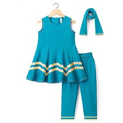 Babyhug Woven Sleeveless Solid Colour Kurti Churidar & Dupatta Set  with Lace Detailing - Teal