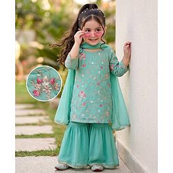 Babyhug Georgett  Woven Full Sleeves Floral Embroidered Kurti Gharara Set With Dupatta - Sea Green