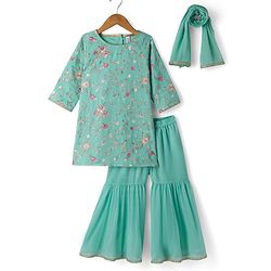 Babyhug Georgett  Woven Full Sleeves Floral Embroidered Kurti Gharara Set With Dupatta - Sea Green