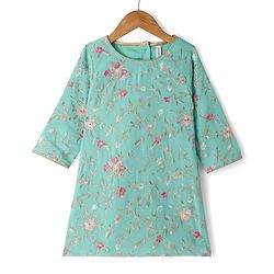 Babyhug Georgett  Woven Full Sleeves Floral Embroidered Kurti Gharara Set With Dupatta - Sea Green