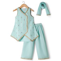 Babyhug Georgette Woven Sleeveless Embroidered & Sequinned Kurti Salwar with Dupatta - Sea Green