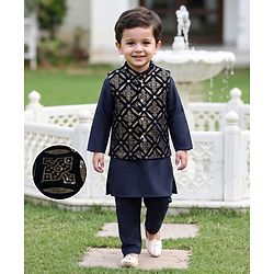 Babyhug Woven Full Sleeves Solid Kurta Pajama Set with Embroidered & Sequinned Jacket - Navy