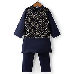 Babyhug Woven Full Sleeves Solid Kurta Pajama Set with Embroidered & Sequinned Jacket - Navy