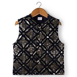 Babyhug Woven Full Sleeves Solid Kurta Pajama Set with Embroidered & Sequinned Jacket - Navy