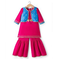 Babyhug Woven Three Fourth Sleeves Kurti Gharara Set with Embroidered & Sequinned Jacket - Dark Pink
