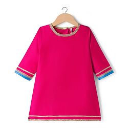 Babyhug Woven Three Fourth Sleeves Kurti Gharara Set with Embroidered & Sequinned Jacket - Dark Pink