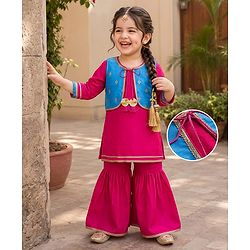 Babyhug Woven Three Fourth Sleeves Kurti Gharara Set with Embroidered & Sequinned Jacket - Dark Pink