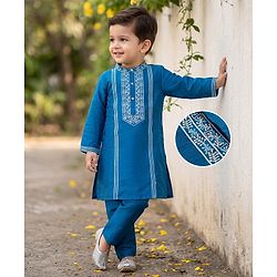 Babyhug Woven Full Sleeves Embroidered Kurta Pajama Set- Teal