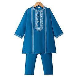 Babyhug Woven Full Sleeves Embroidered Kurta Pajama Set- Teal