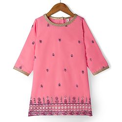 Babyhug Georgette Woven Three Fourth Sleeves Floral Embroidered Kurti Gharara Set with Dupatta - Pink