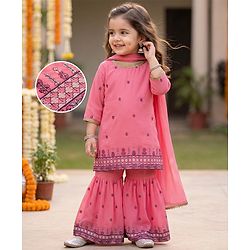 Babyhug Georgette Woven Three Fourth Sleeves Floral Embroidered Kurti Gharara Set with Dupatta - Pink