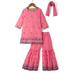 Babyhug Georgette Woven Three Fourth Sleeves Floral Embroidered Kurti Gharara Set with Dupatta - Pink