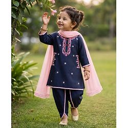 Babyhug Rayon Woven Three Fourth Sleeves Kurti Salwar Set with Floral Embroidery - Navy Blue