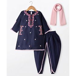 Babyhug Rayon Woven Three Fourth Sleeves Kurti Salwar Set with Floral Embroidery - Navy Blue