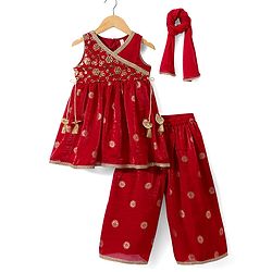 Babyhug Woven Sleeveless Embroidered & Sequinned Kurti Palazzo Set with Dupatta-  Red