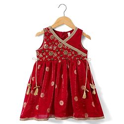 Babyhug Woven Sleeveless Embroidered & Sequinned Kurti Palazzo Set with Dupatta-  Red