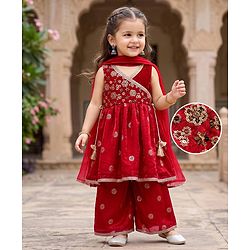 Babyhug Woven Sleeveless Embroidered & Sequinned Kurti Palazzo Set with Dupatta-  Red