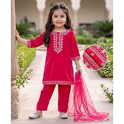 Babyhug Velvet Woven Full Sleeves Floral Embroidered Sequin Detailing Kurti Palazzo and Dupatta Set - Fuschia