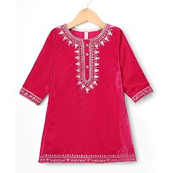 Babyhug Velvet Woven Full Sleeves Floral Embroidered Sequin Detailing Kurti Palazzo and Dupatta Set - Fuschia
