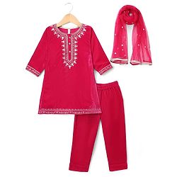 Babyhug Velvet Woven Full Sleeves Floral Embroidered Sequin Detailing Kurti Palazzo and Dupatta Set - Fuschia