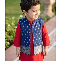 Babyhug Woven Full Sleeves Solid Colour Kurta Pajama Set with Floral Designed Brocade Jacket -  Red & Navy Blue