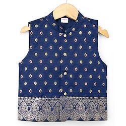 Babyhug Woven Full Sleeves Solid Colour Kurta Pajama Set with Floral Designed Brocade Jacket -  Red & Navy Blue