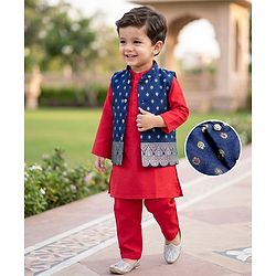 Babyhug Woven Full Sleeves Solid Colour Kurta Pajama Set with Floral Designed Brocade Jacket -  Red & Navy Blue