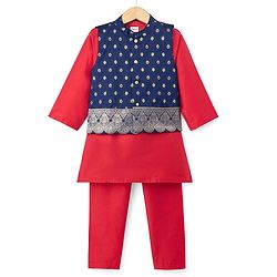 Babyhug Woven Full Sleeves Solid Colour Kurta Pajama Set with Floral Designed Brocade Jacket -  Red & Navy Blue