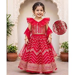 Babyhug Georgette Woven Short Sleeves Floral Embroidered & Sequinned Choli Lahenga Set with Dupatta - Red