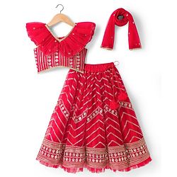 Babyhug Georgette Woven Short Sleeves Floral Embroidered & Sequinned Choli Lahenga Set with Dupatta - Red