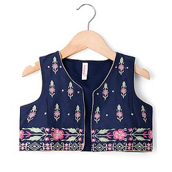 Babyhug Rayon Woven Three Fourth Sleeves Solid Colour Kurti Churidar Set with Floral Embroidered Jacket - Navy Blue