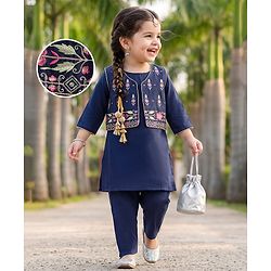 Babyhug Rayon Woven Three Fourth Sleeves Solid Colour Kurti Churidar Set with Floral Embroidered Jacket - Navy Blue