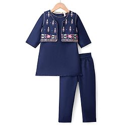 Babyhug Rayon Woven Three Fourth Sleeves Solid Colour Kurti Churidar Set with Floral Embroidered Jacket - Navy Blue