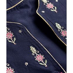 Babyhug Rayon Woven Three Fourth Sleeves Solid Colour Kurti Churidar Set with Floral Embroidered Jacket - Navy Blue