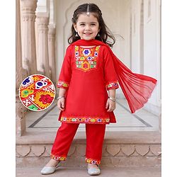 Babyhug Cotton Blend Woven Three Fourth Sleeves Floral Embroidered Kurti Palazo and Dupatta Set - Red