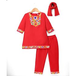 Babyhug Cotton Blend Woven Three Fourth Sleeves Floral Embroidered Kurti Palazo and Dupatta Set - Red