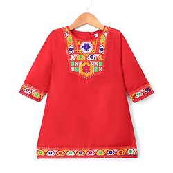 Babyhug Cotton Blend Woven Three Fourth Sleeves Floral Embroidered Kurti Palazo and Dupatta Set - Red