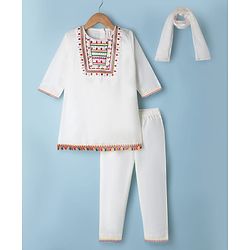 Babyhug Cotton Blend Woven Full Sleeves Floral Embroidered Kurta Palazzo Set With Dupatta - White