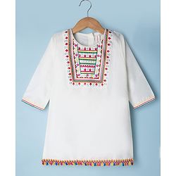 Babyhug Cotton Blend Woven Full Sleeves Floral Embroidered Kurta Palazzo Set With Dupatta - White