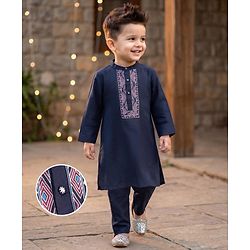 Babyhug Woven Full Sleeves Printed Yoke Kurta Pajama Set - Navy