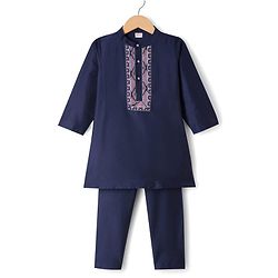 Babyhug Woven Full Sleeves Printed Yoke Kurta Pajama Set - Navy