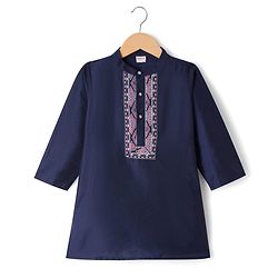 Babyhug Woven Full Sleeves Printed Yoke Kurta Pajama Set - Navy