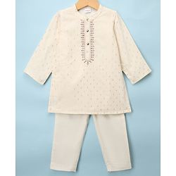 Babyhug Woven Lurex Dobby Full Sleeves Kurta & Pyjama Set With Foil Print - Off White