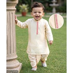Babyhug Cotton Mix Woven Full Sleeves Foil Print Kurta & Dhoti Set - Off White