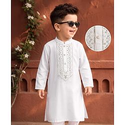 Babyhug Woven Full Sleeves Sequinned & Embroidered Neck Kurta - White