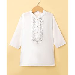 Babyhug Woven Full Sleeves Sequinned & Embroidered Neck Kurta - White