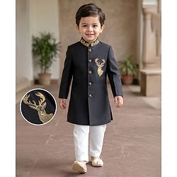 Babyhug Woven Full Sleeves Reindeer Embroidered Sherwani Set - Black