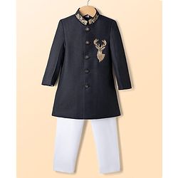 Babyhug Woven Full Sleeves Reindeer Embroidered Sherwani Set - Black