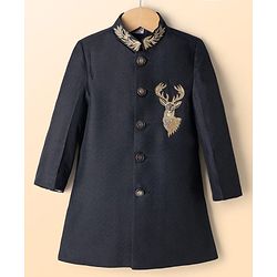 Babyhug Woven Full Sleeves Reindeer Embroidered Sherwani Set - Black